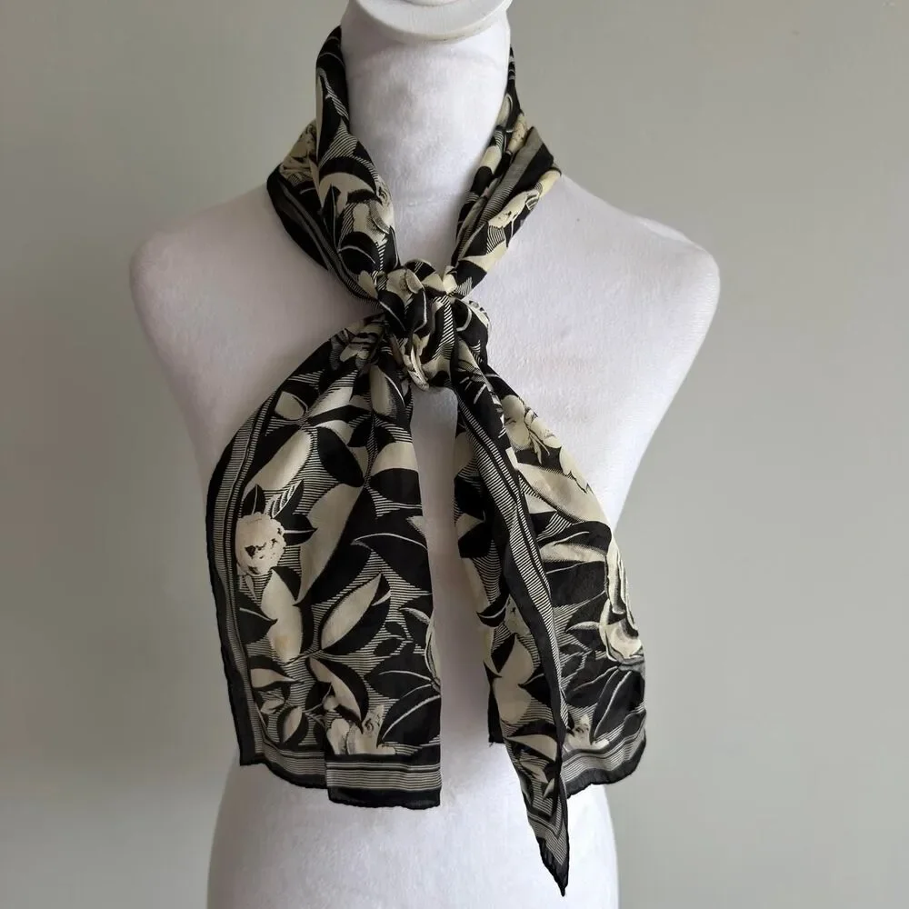 Vintage Black & Cream Floral Silk Twilly Scarf Botanical Old Money Romantic Chic